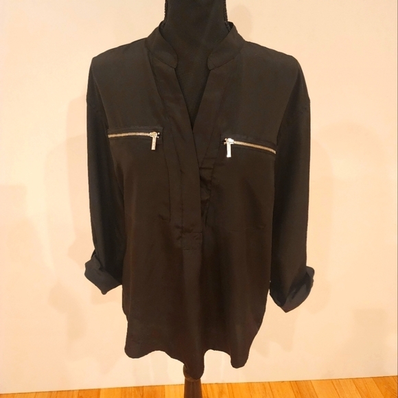 Michael Kors Tops - Michael Kors Black Zipper-Pocket Long Sleeve Blouse Size 6